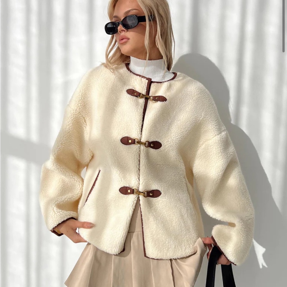 Princess Polly Cream Teddy Toggle Jacket with Brown Trim